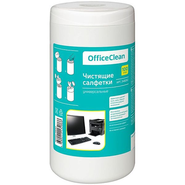 Салфетки чистящие влажные OfficeClean, универсальные, в тубе, 100шт. (Спейс)