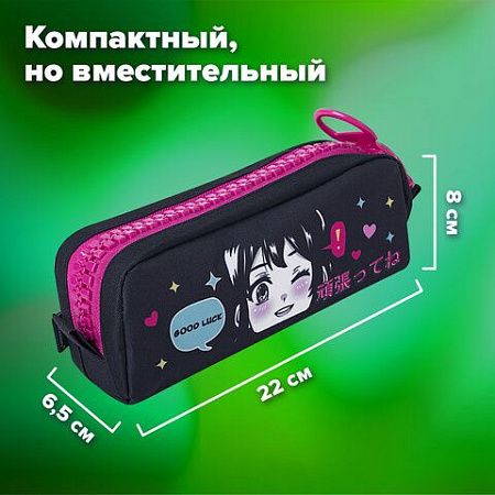 Пенал BRAUBERG с объемной "тракторной" молнией, 1 отделение, ткань, 22х8х6,5 см, "Anime girl", 271566 