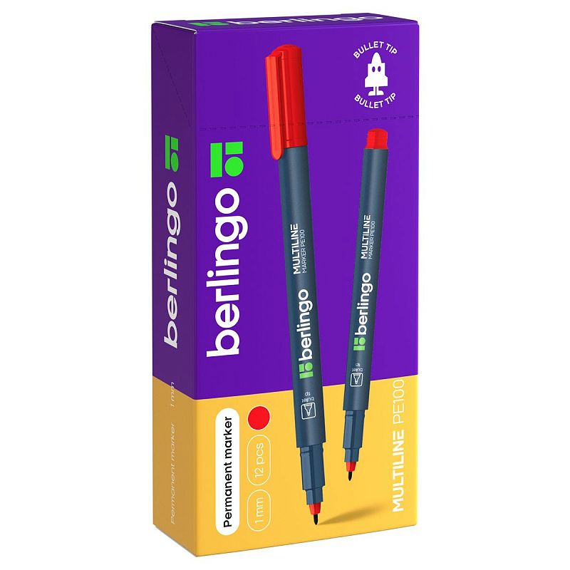 Маркер перманентный Berlingo "Multiline PE100" красный, пулевидный, 1мм 