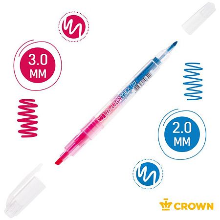Текстовыделитель двухсторонний Crown "Multi Hi-Lighter Twin" розовый/голубой, 3/2мм 