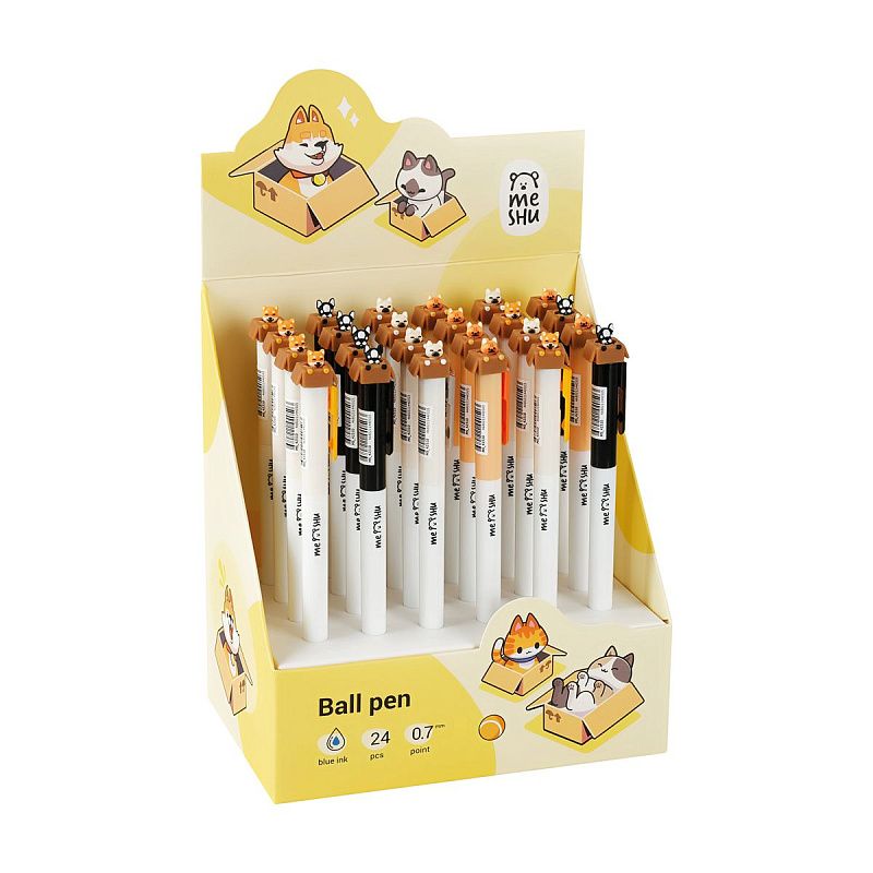 Ручка шариковая автоматическая MESHU "Meow&Woof" синяя, 0,7мм, корпус ассорти, с топпером 