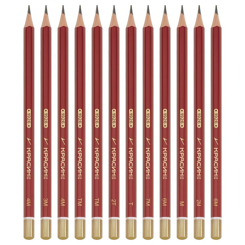 Набор карандашей ч/г Красин "1926" 12шт., 2Т(Н)-8М(B), кедр, заточен., карт.пенал, европодвес 