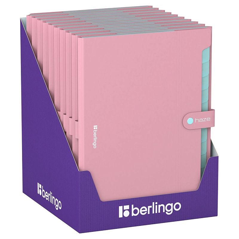 Папка 12 отделений Berlingo "Haze", А4, 600мкм, на кнопке, розовая 