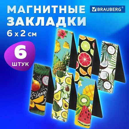 Закладки для книг МАГНИТНЫЕ, "FRUITS", набор 6 шт., 60x20 мм, BRAUBERG, 113160 