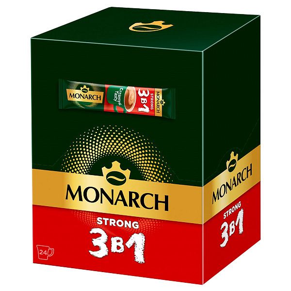 Кофе растворимый Monarch "Strong", 3в1, порошкообразный, порционный, 24 пакетиков*13г, мягкая упаковка