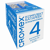 Батарейки алкалиновые КОМПЛЕКТ 4 шт., CROMEX Alkaline, Крона 9V (6LR61, 6LF22, 1604A), короб, 456453