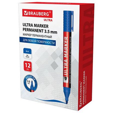 Маркер перманентный ULTRA MARKER, СИНИЙ, 3,5 мм, с клипом, BRAUBERG, 152206 