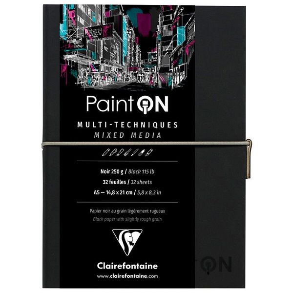 Скетчбук для смешанных техник 32л., А5 Clairefontaine "Paint ON", на сшивке, легкое зерно, черный, кожзам, 250г/м2 Скетчбук для смешанных техник 32л., А5 Clairefontaine "Paint ON", на сшивке, легкое зерно, черный, кожзам, 250г/м2