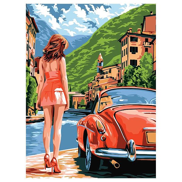 УЦЕНКА - Картина по номерам на картоне ТРИ СОВЫ "Девушка и ретро автомобиль", 30*40, с акриловыми красками и кистями