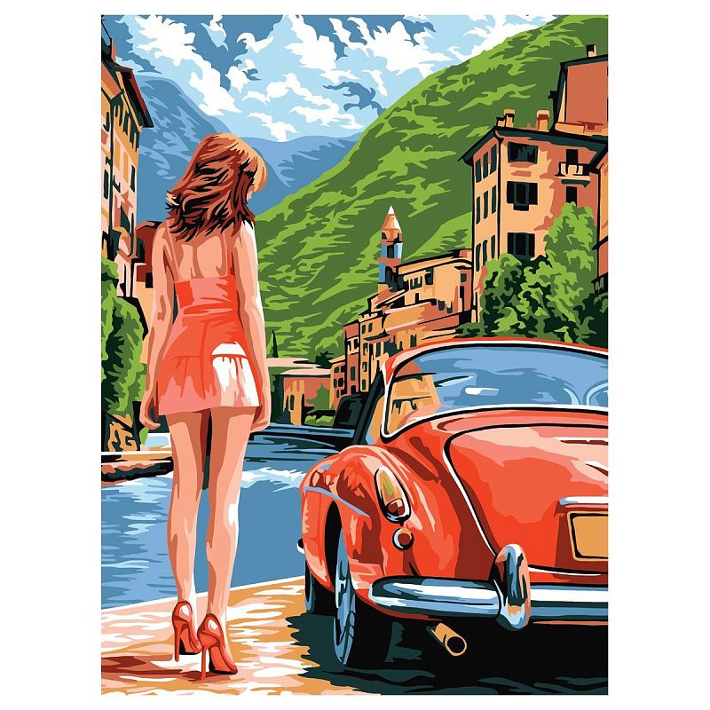 УЦЕНКА - Картина по номерам на картоне ТРИ СОВЫ "Девушка и ретро автомобиль", 30*40, с акриловыми красками и кистями