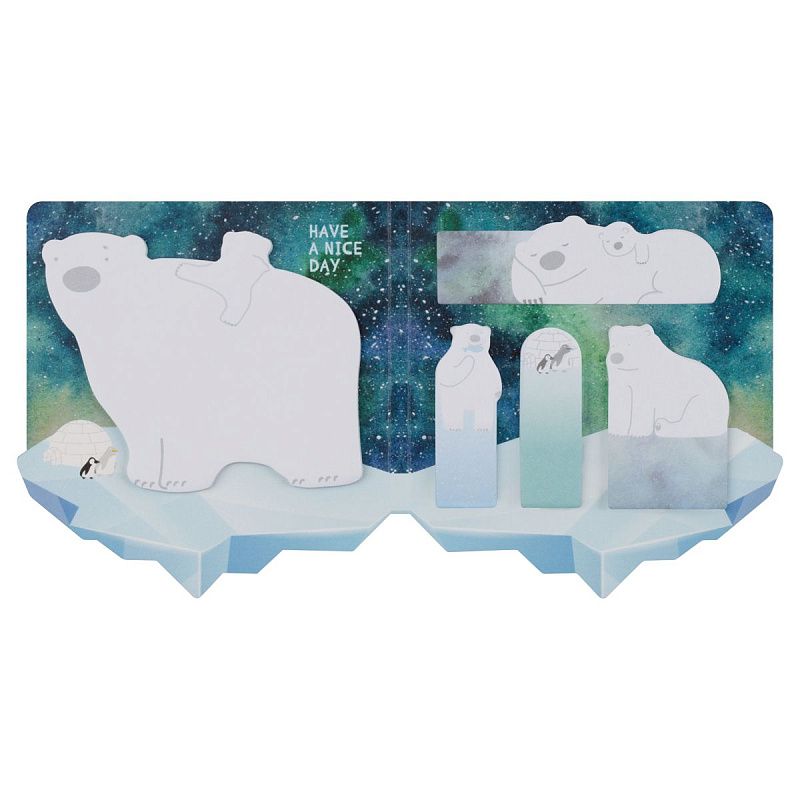 Флажки-закладки и самоклеящиеся блоки в наборе MESHU "Polar Bears", 20л*5 цветов, европодвес