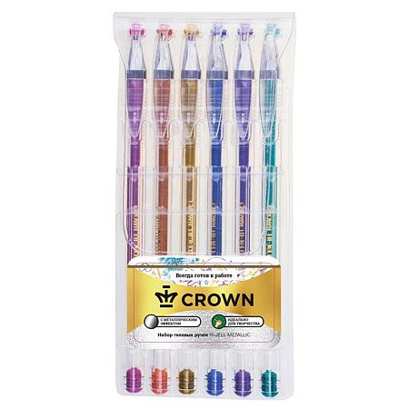Набор гелевых ручек Crown "Hi-Jell Metallic" 6шт., 06цв., 0,7мм, металлик, ПВХ уп., европодвес 