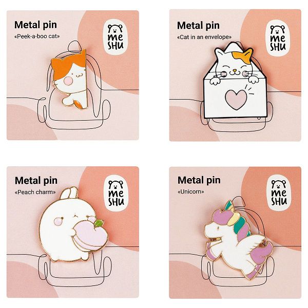 Набор металлических значков MESHU "Cute animals", эмаль, 4шт