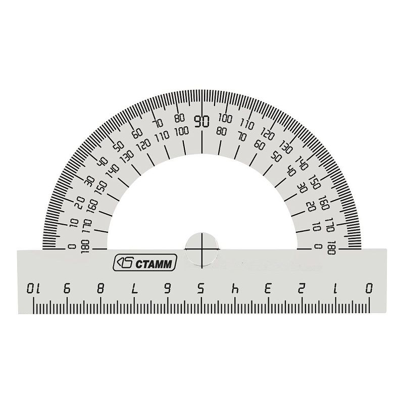 Транспортир 10см, 180° СТАММ, полистирол, прозрачный бесцветный 