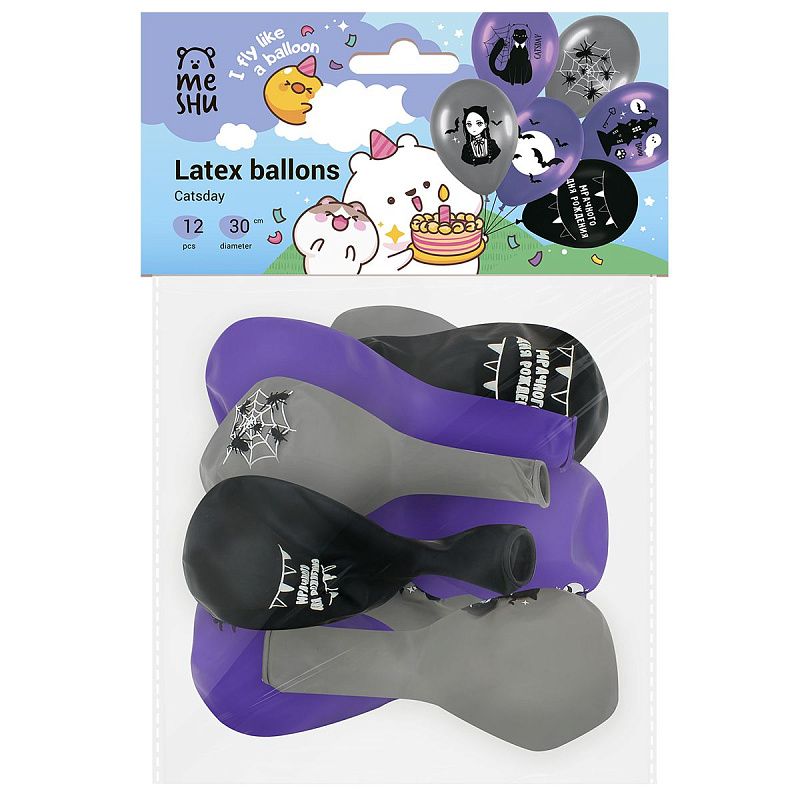Воздушные шары, 12шт., М12/30см, MESHU "Catsday", пастель, ассорти