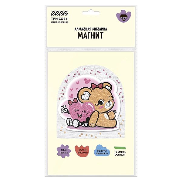 Алмазная мозаика, магнит ТРИ СОВЫ "Мишка и Сердечко", пакет с европодвесом