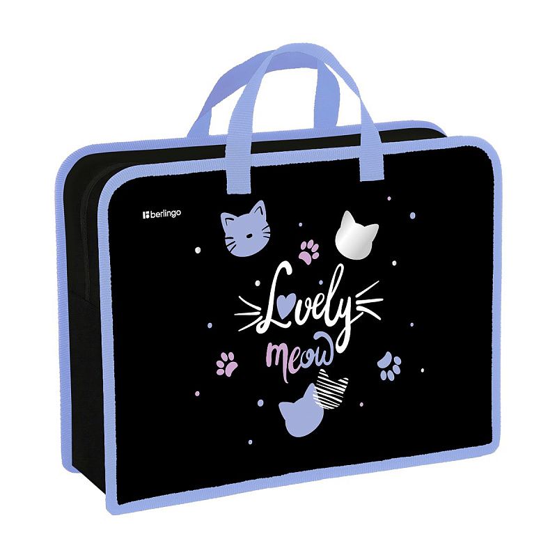 Папка с ручками 1 отделение, А4 Berlingo "Lovely Meow", 340*245*100мм, пластик, на молнии