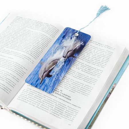 Закладка для книг с линейкой, 3D-объемная, BRAUBERG "Дельфины", с декоративным шнурком, 128094 