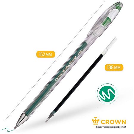 Ручка гелевая Crown "Hi-Jell" зеленая 0,5мм, штрих-код 