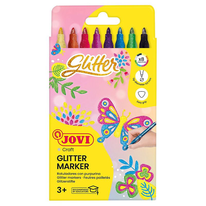 Фломастеры с блестками JOVI "Glitter", 08цв., смываемые, картон, европодвес