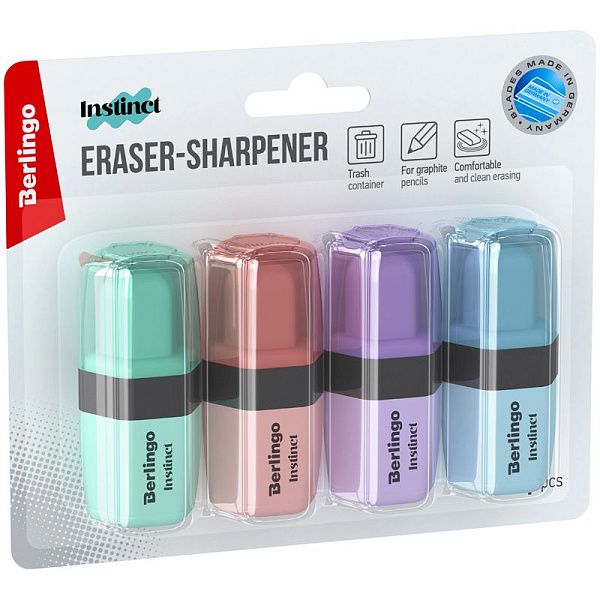 УЦЕНКА - Точилка пластиковая с ластиком Berlingo "Instinct" 1 отверстие, 4шт., блистер