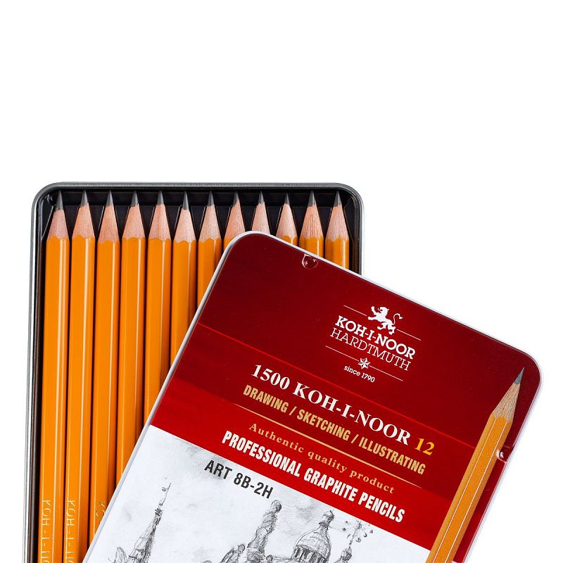 Набор карандашей ч/г Koh-I-Noor "1500 Art" 12шт., 8B-2H, заточен., метал. пенал 