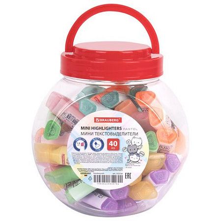 Текстовыделитель мини с принтами BRAUBERG "PASTEL", АССОРТИ В ПЛАСТИКОВОЙ БАНКЕ, 1-5 мм, 152536 