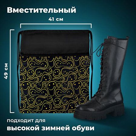 Мешок для обуви BRAUBERG БОЛЬШОЙ, с ручкой, карман на молнии, сетка, 49х41 см, "Smiles", 272403 