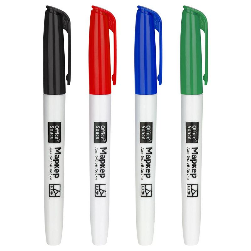 Набор маркеров для белых досок OfficeSpace 04цв., пулевидный, 3мм, чехол с европодвесом 