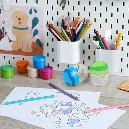 Точилки BRAUBERG KIDS "MAXI", 2 ШТУКИ, 2 отверстия, с большим контейнером, трехгранный корпус, цвета ассорти, блистер, 271947 