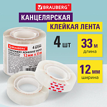 Клейкие ленты 12 мм х 33 м канцелярские BRAUBERG, КОМПЛЕКТ 4 шт., прозрачные, гарантированная длина, 228761