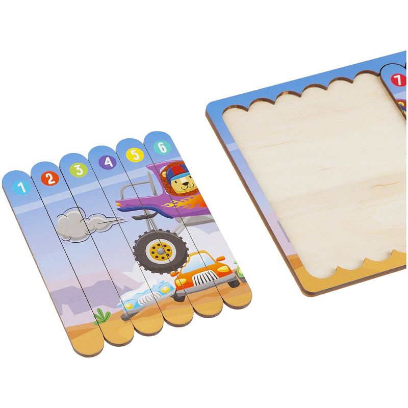 Деревянный пазл - палочки ТРИ СОВЫ "Монстр-трак", 10 деталей на подложке, фанера 