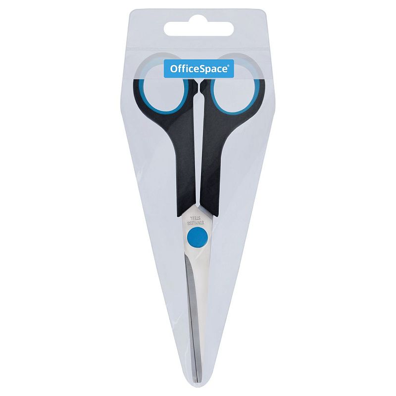 Ножницы OfficeSpace 16см, черные с синими вставками, ПВХ чехол с европодвесом