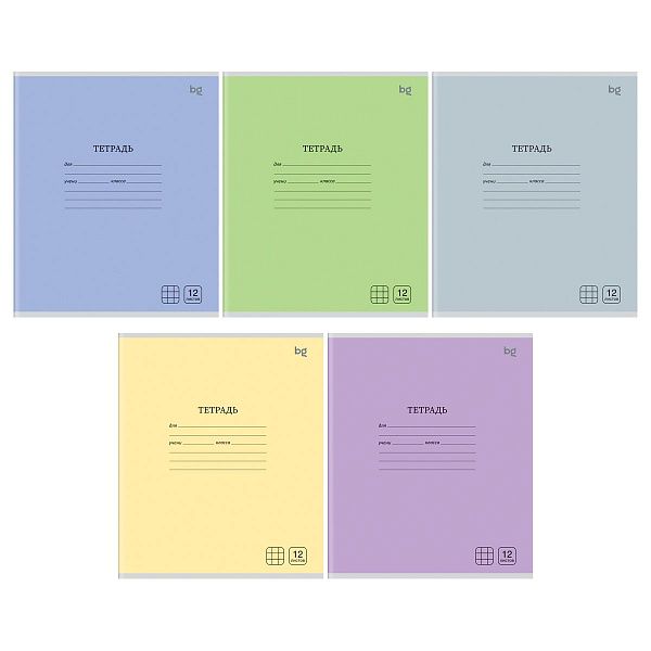 Тетрадь 12л., клетка BG "Однотонная", Микс