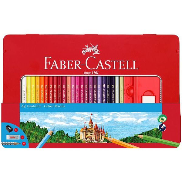 Карандаши цветные Faber-Castell "Замок", 48цв., трехгран., заточ.+2ч/г кар. Grip+ластик+точилка, метал. коробка