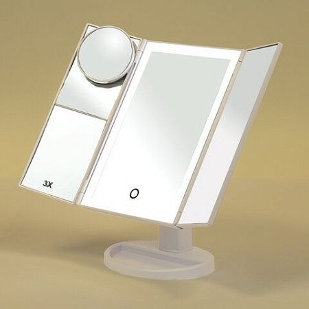 Зеркало настольное с LED-подсветкой для макияжа, размер 24х18 см, складное, увеличение х2, х3, х10, белое, BRABIX, 609337