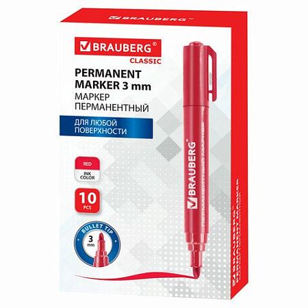 Маркер перманентный BRAUBERG "Classic", КРАСНЫЙ, круглый наконечник, 3 мм, с клипом,150302 