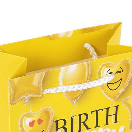 Пакет подарочный 11,4x6,4x14,6 см ЗОЛОТАЯ СКАЗКА "Happy Birthday", глиттер, желтый, 608237
