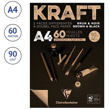 Скетчбук - блокнот 60л., А4 Clairefontaine "Kraft", на склейке, верже,черный/крафт, 90г/м2