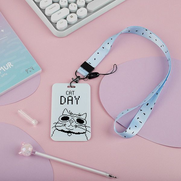 Бейдж вертикальный MESHU "Cat day", 110*70мм, лента с карабином, 3D печать, опп пакет с европодвесом