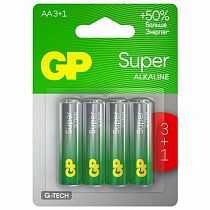Батарейки GP Super, AA (LR6, 15А), алкалиновые, пальчиковые, КОМПЛЕКТ 4 шт., ПРОМО 3+1, 15A3/1-2CR4