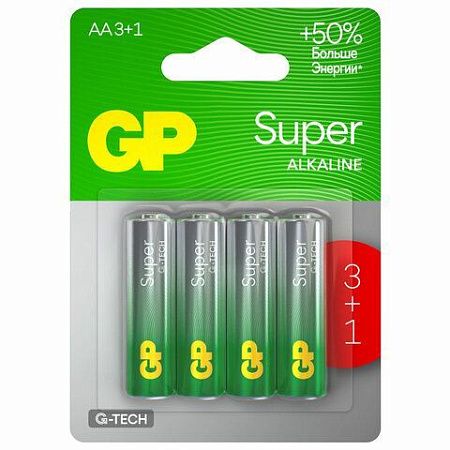 Батарейки GP Super, AA (LR6, 15А), алкалиновые, пальчиковые, КОМПЛЕКТ 4 шт., ПРОМО 3+1, 15A3/1-2CR4