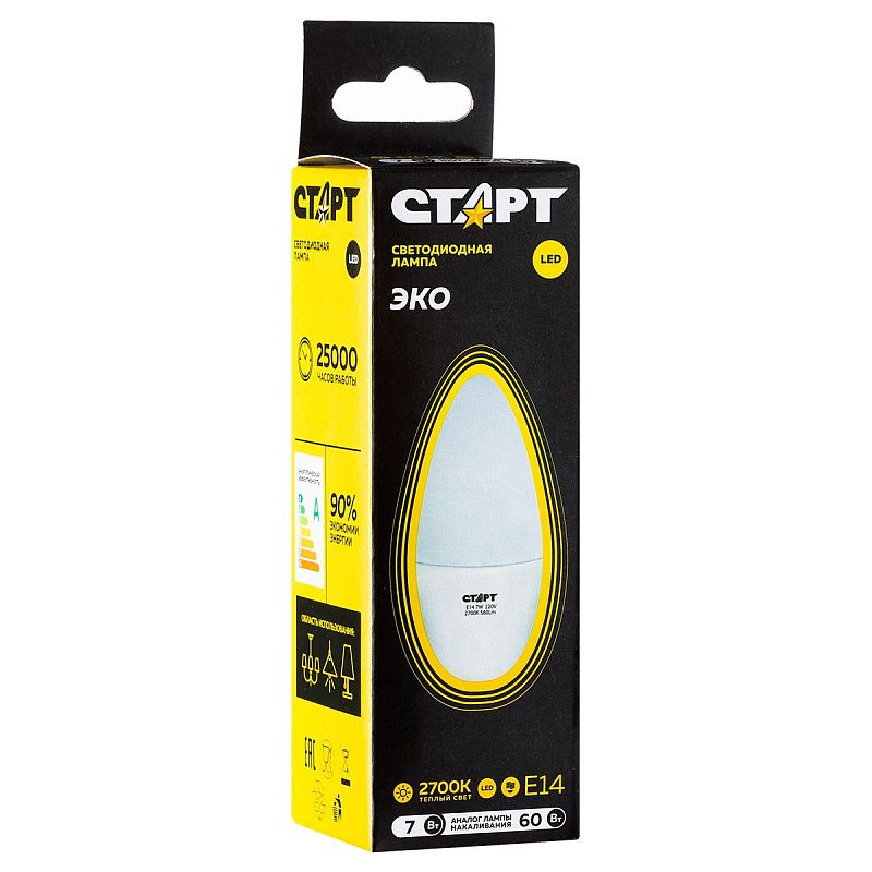 Лампа светодиодная Старт LED, серия "WS" 7W30, тип С "свеча", E14, 2700К, теплый свет, 25000ч
