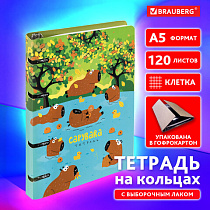 Тетрадь на кольцах А5 160х212 мм, 120 листов, картон, выборочный лак, клетка, BRAUBERG, "Капибары", 404731