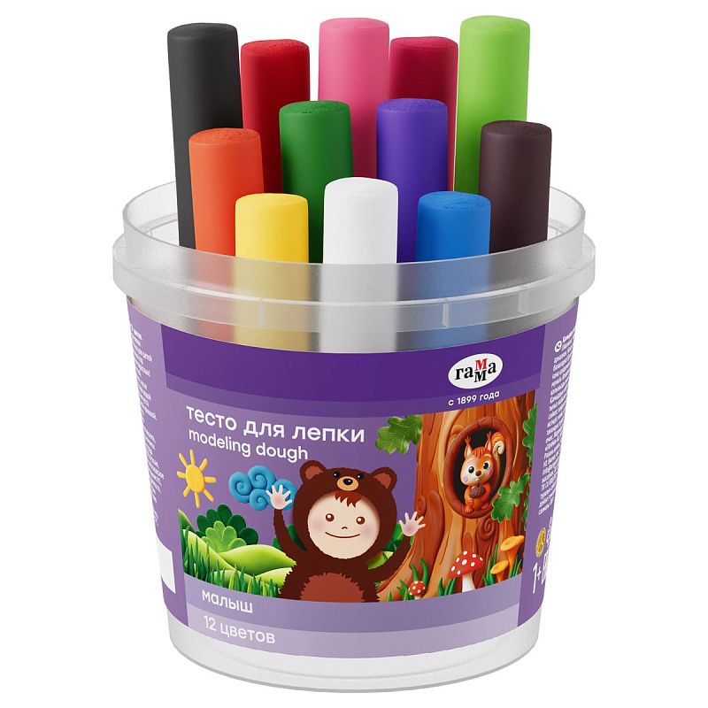 Тесто для лепки Гамма "Малыш", 12 цветов*15г, пластиковый стакан