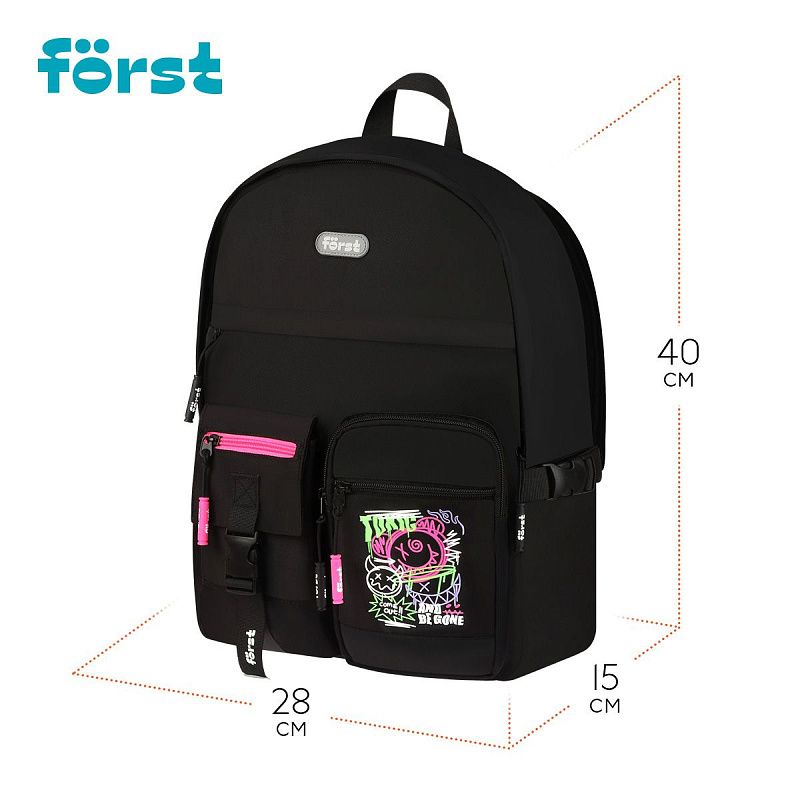 Рюкзак Först F-Teens "Crazy Emoji" 40*28*15см, 1 отделение, 7 карманов, уплотненная спинка 