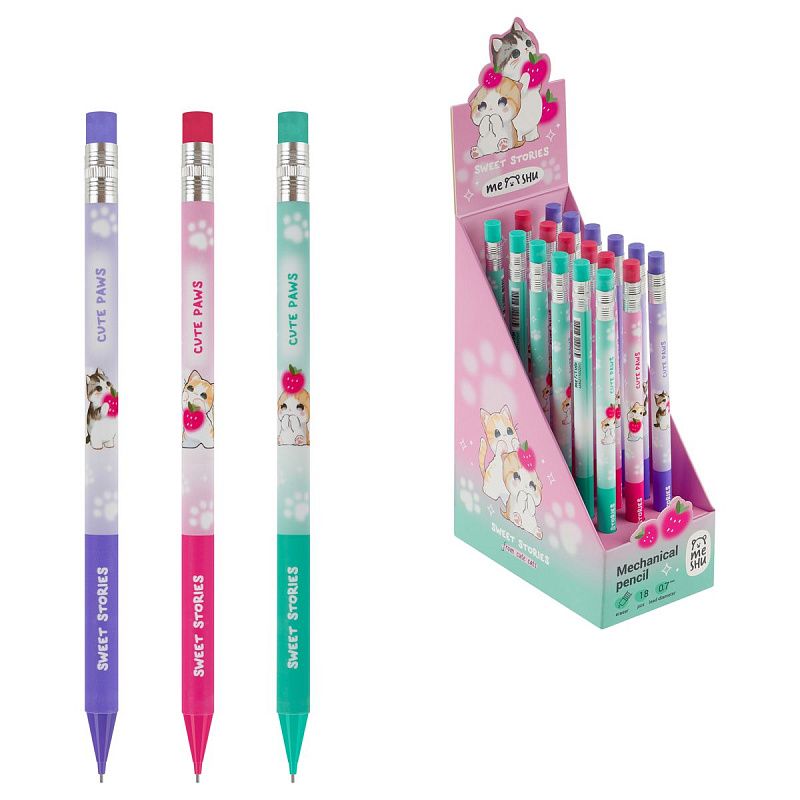 Карандаш механический MESHU "Nice kittens", печать на корпусе, с ластиком, 0,7мм, ассорти