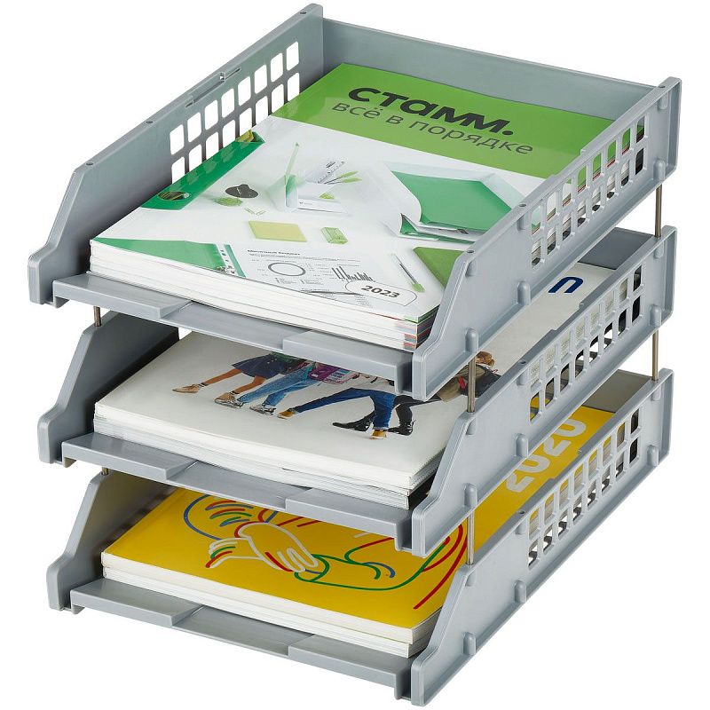 Лоток для бумаг горизонтальный СТАММ "Strong", набор 3шт., на метал. стержнях, серый