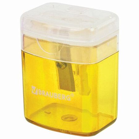 Точилка BRAUBERG "OfficeBox", с контейнером и крышкой, прямоугольная, в упаковке с подвесом, ассорти, 222494 