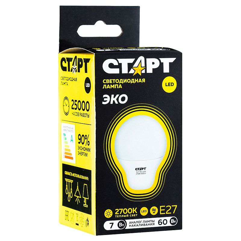 Лампа светодиодная Старт LED, серия "WS" 7W30, тип А "груша", E27, 2700К, теплый свет, 25000ч